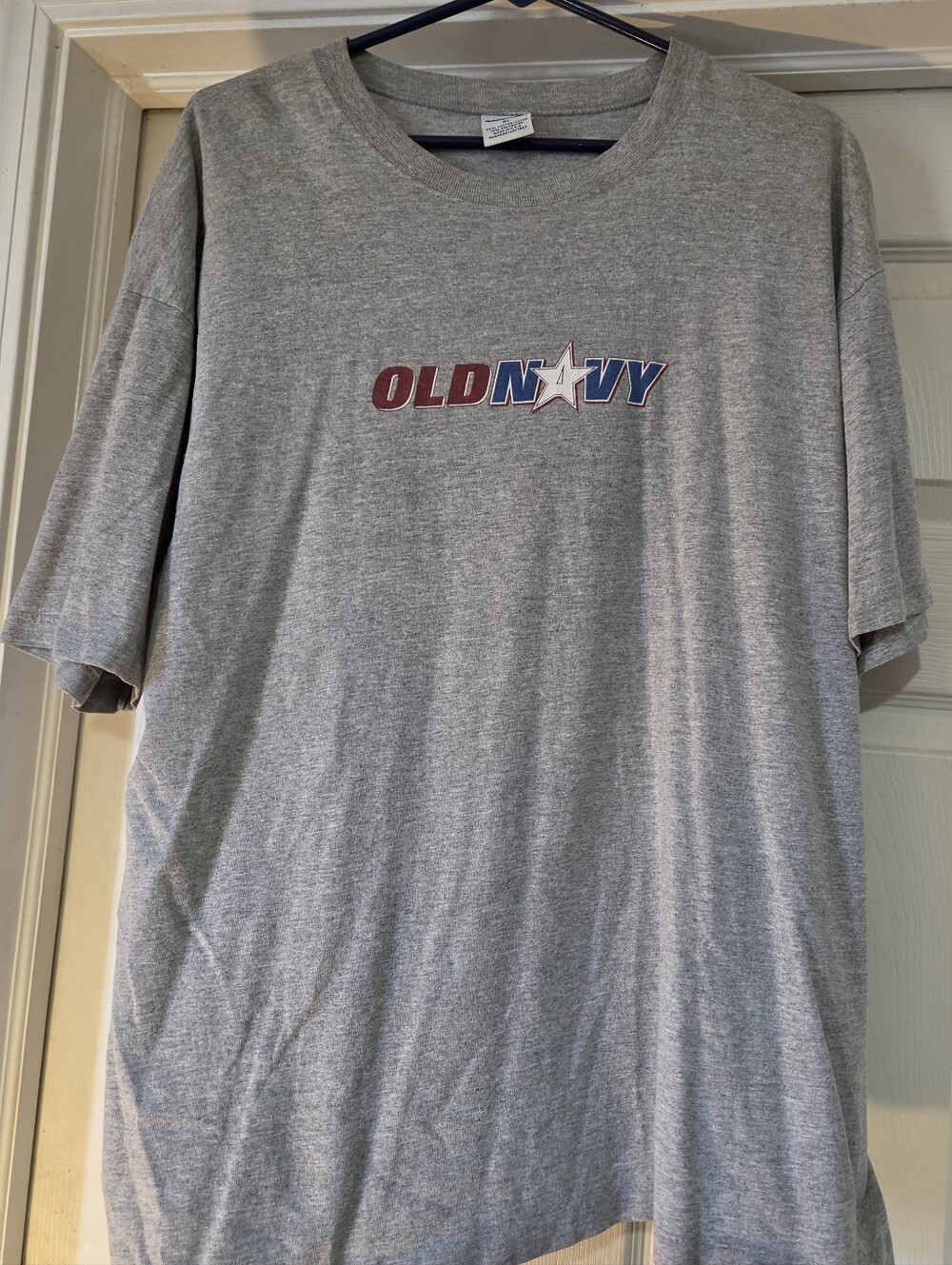 Vintage Old Navy Grey Short-Sleeve Tee with Red, White & Blue Logo Men's XL